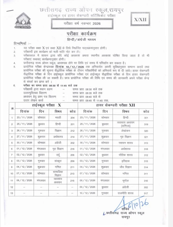 CG Open School Time Table 2026